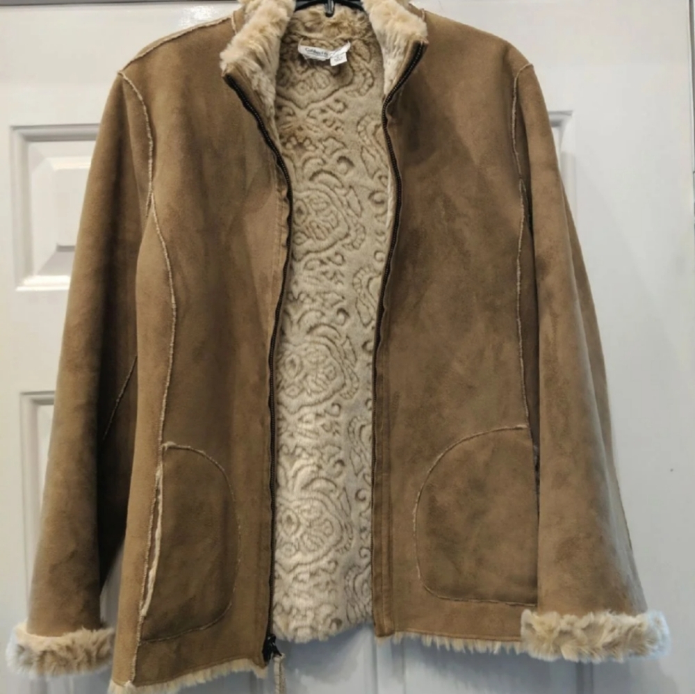 Women's Coldwater Creek Tan Reversible Faux Fur and Faux Suede Winter Jacket M